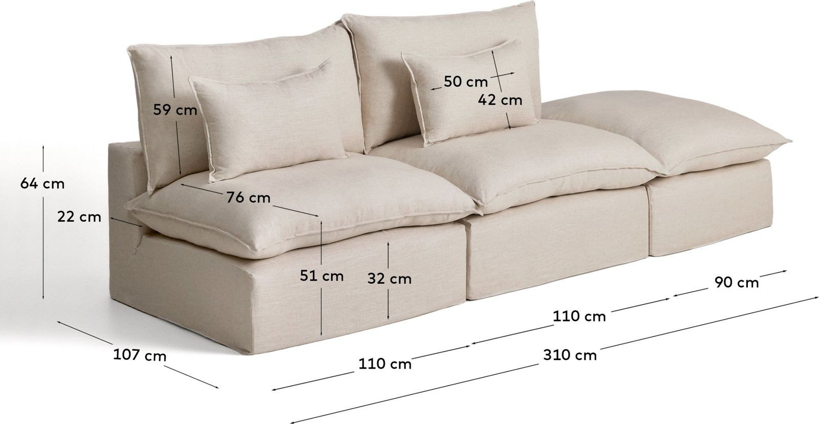 Kave Home Anarela 3-Zitsbank + Hocker